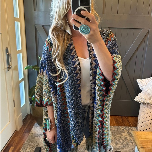 New Bohemian Loom Moroccan Knit Tasseled Blue Poncho Cardigan Sweater - Picture 4 of 11